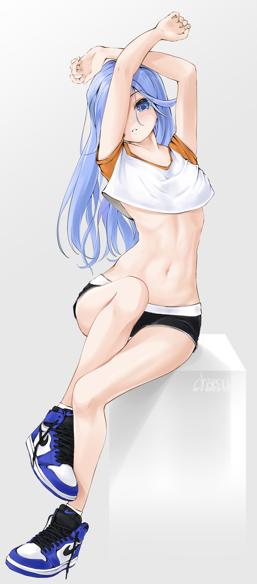 1girl air_jordan air_jordan_1 arms_up artist_name bare_legs black_shorts blue_eyes blue_footwear blue_hair blush chaesu grey_background highres knee_up long_hair looking_at_viewer minah_(chaesu) navel nike original parted_lips raglan_sleeves shirt shoes short_shorts short_sleeves shorts signature simple_background sitting sneakers solo stomach toned very_long_hair white_shirt