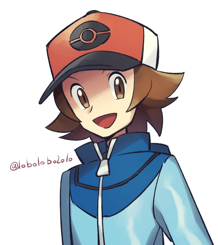 1boy :d artist_name baseball_cap blue_jacket brown_eyes brown_hair commentary_request hat hilbert_(pokemon) jacket lobolobo2010 looking_to_the_side male_focus open_mouth pokemon pokemon_(game) pokemon_bw smile solo tongue watermark zipper_pull_tab