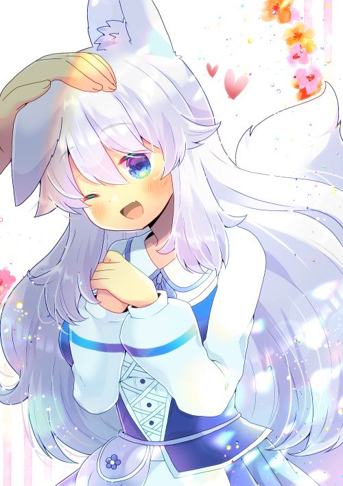 1girl ;d animal_ears bangs blue_eyes blue_skirt blush commentary_request eyebrows_visible_through_hair fang floral_background hair_between_eyes hands_together hands_up heart indie_virtual_youtuber kouu_hiyoyo long_hair long_sleeves lumi_(merryweather) one_eye_closed open_mouth out_of_frame own_hands_together pleated_skirt puffy_long_sleeves puffy_sleeves shirt silver_hair skirt smile solo_focus tail tail_raised very_long_hair virtual_youtuber white_background white_shirt wolf_ears wolf_girl wolf_tail