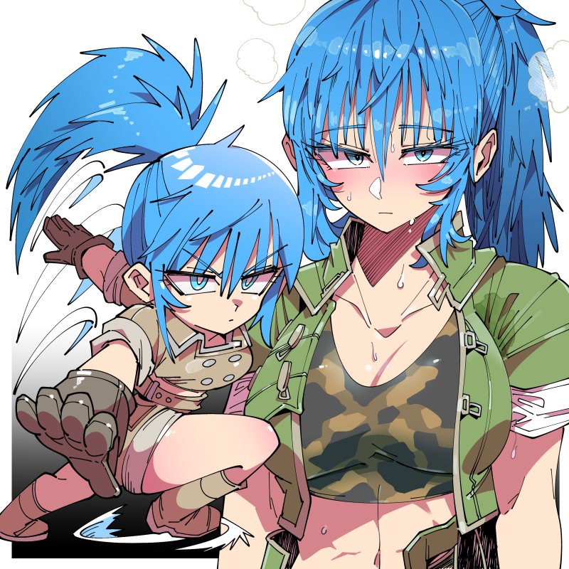1girl blue_eyes blue_hair breasts brown_gloves camouflage_shirt chibi fighting_stance gloves green_jacket green_shorts jacket kafun leona_heidern midriff multiple_views navel open_clothes open_jacket ponytail shorts sleeves_rolled_up snk steam sweat sweatdrop the_king_of_fighters