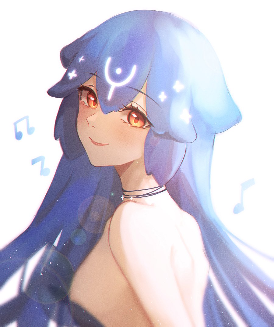 bangs bao_(vtuber) bare_shoulders blue_hair blush closed_mouth expulse glowing indie_virtual_youtuber light_smile long_hair looking_at_viewer looking_back musical_note red_eyes simple_background smile virtual_youtuber whale white_background
