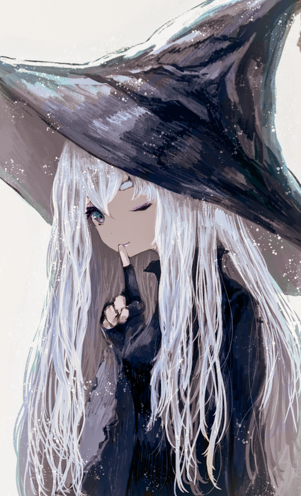 1girl black_gloves black_headwear closed_mouth eyeshadow finger_to_mouth fingerless_gloves gloves green_eyes grey_background hair_between_eyes hat isa_yuuri long_hair makeup one_eye_closed original purple_eyeshadow shushing simple_background smile solo white_hair witch witch_hat