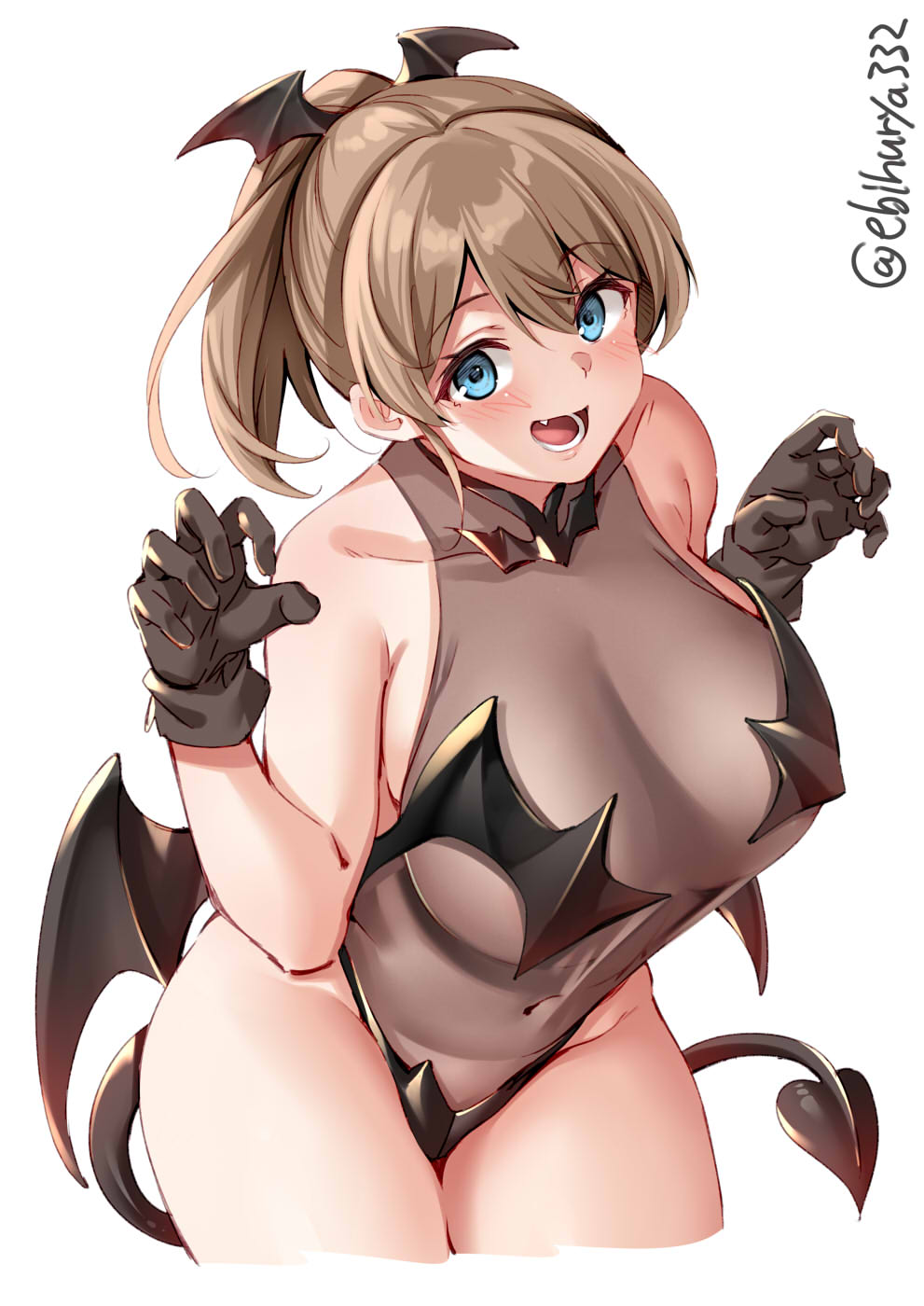 1girl black_gloves black_wings blue_eyes blush breasts brown_hair collarbone cropped_legs demon_girl demon_tail demon_wings ebifurya eyebrows_visible_through_hair fang gloves groin hair_between_eyes highres intrepid_(kantai_collection) kantai_collection large_breasts long_hair open_mouth ponytail simple_background smile solo succubus tail twitter_username white_background wings