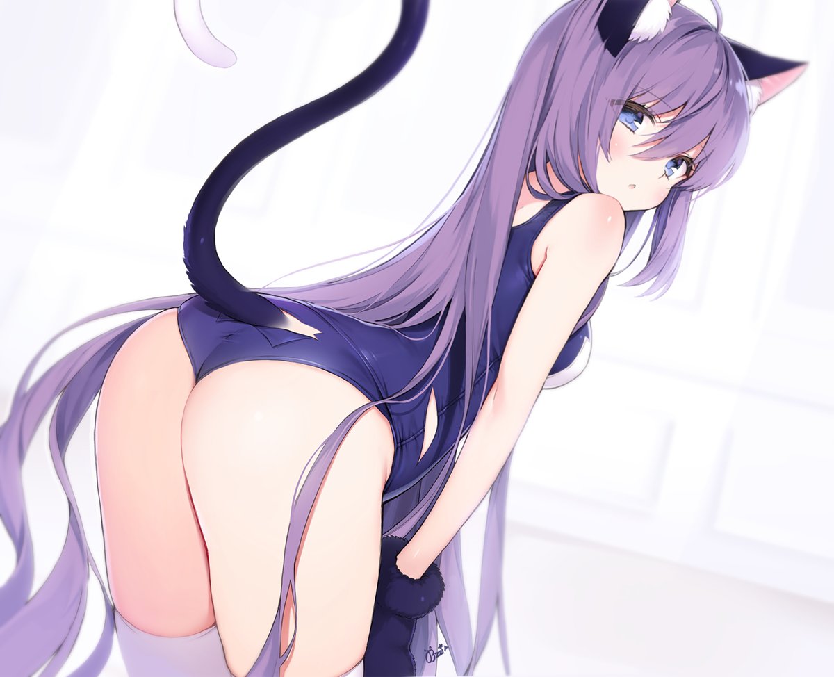 1girl ahoge animal_ear_fluff animal_ears ass bare_arms bare_shoulders bent_over blue_eyes blue_swimsuit breasts byulzzi cat_ears cat_girl cat_tail from_behind gloves jpeg_artifacts long_hair looking_at_viewer looking_back one-piece_swimsuit parted_lips paw_gloves paws purple_hair simple_background small_breasts solo swimsuit tail tail_raised thigh-highs thighs torn_clothes torn_swimsuit unleashed veronju_caesar_(unleashed) very_long_hair white_background white_legwear
