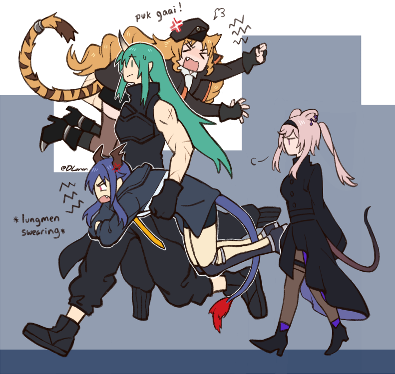 &gt;_&lt; animal_ears arknights bangs bare_shoulders black_headwear black_shirt blonde_hair blue_hair carrying_over_shoulder carrying_under_arm ch'en_(arknights) dl dragon_horns dragon_tail drill_hair gloves green_hair hair_between_eyes horns hoshiguma_(arknights) jacket long_hair mouse_ears mouse_tail multiple_girls oni_horns open_mouth scar scavenger_(arknights) shirt shorts silver_hair single_horn sleeveless swire_(arknights) tail tiger_ears tiger_tail