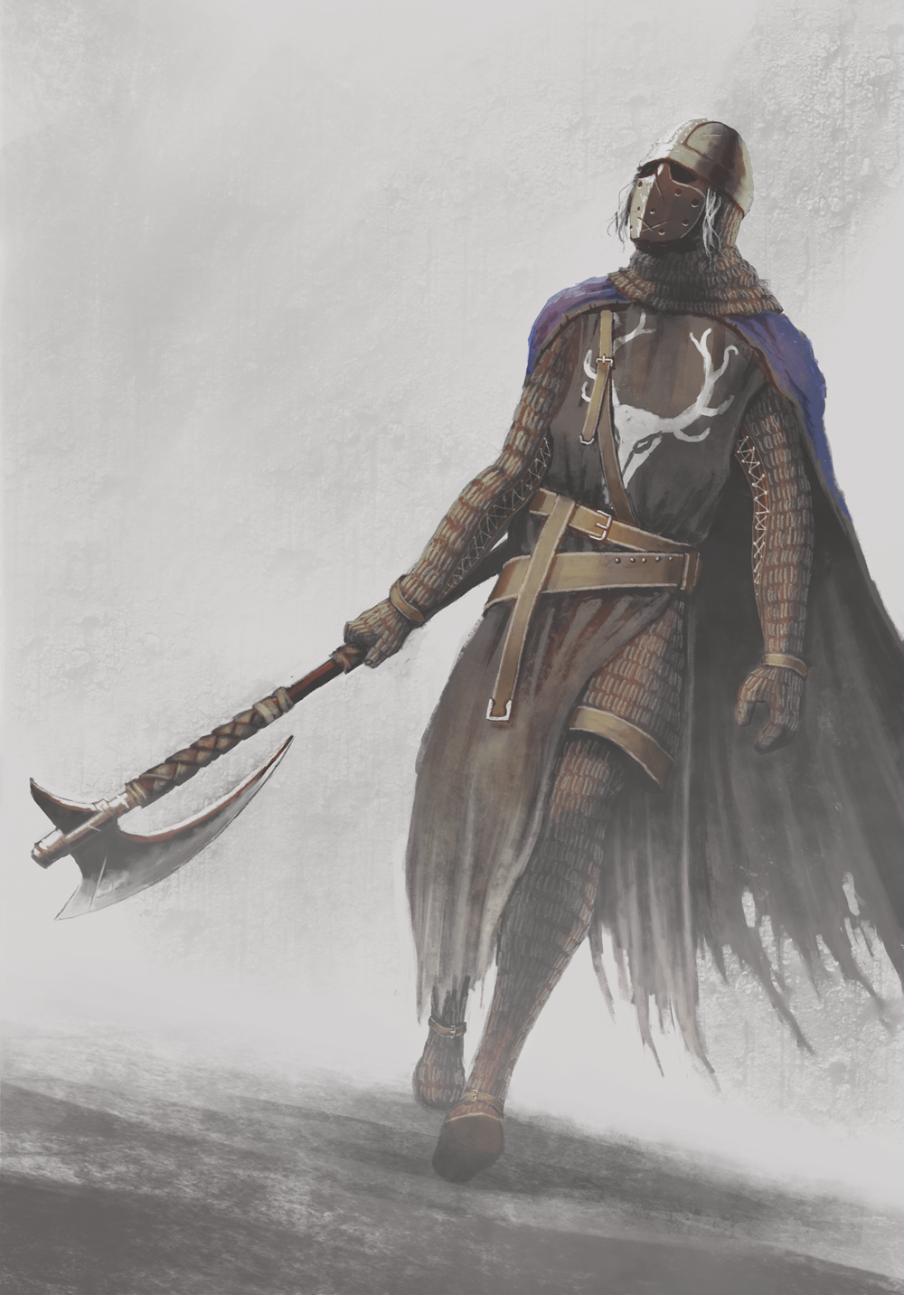 1boy armor axe belt blue_cape cape creighton_of_mirrah dark_souls_ii helm helmet highres holding holding_axe holding_weapon male_focus scratches skiba solo souls_(from_software) torn torn_cape torn_clothes walking weapon white_hair