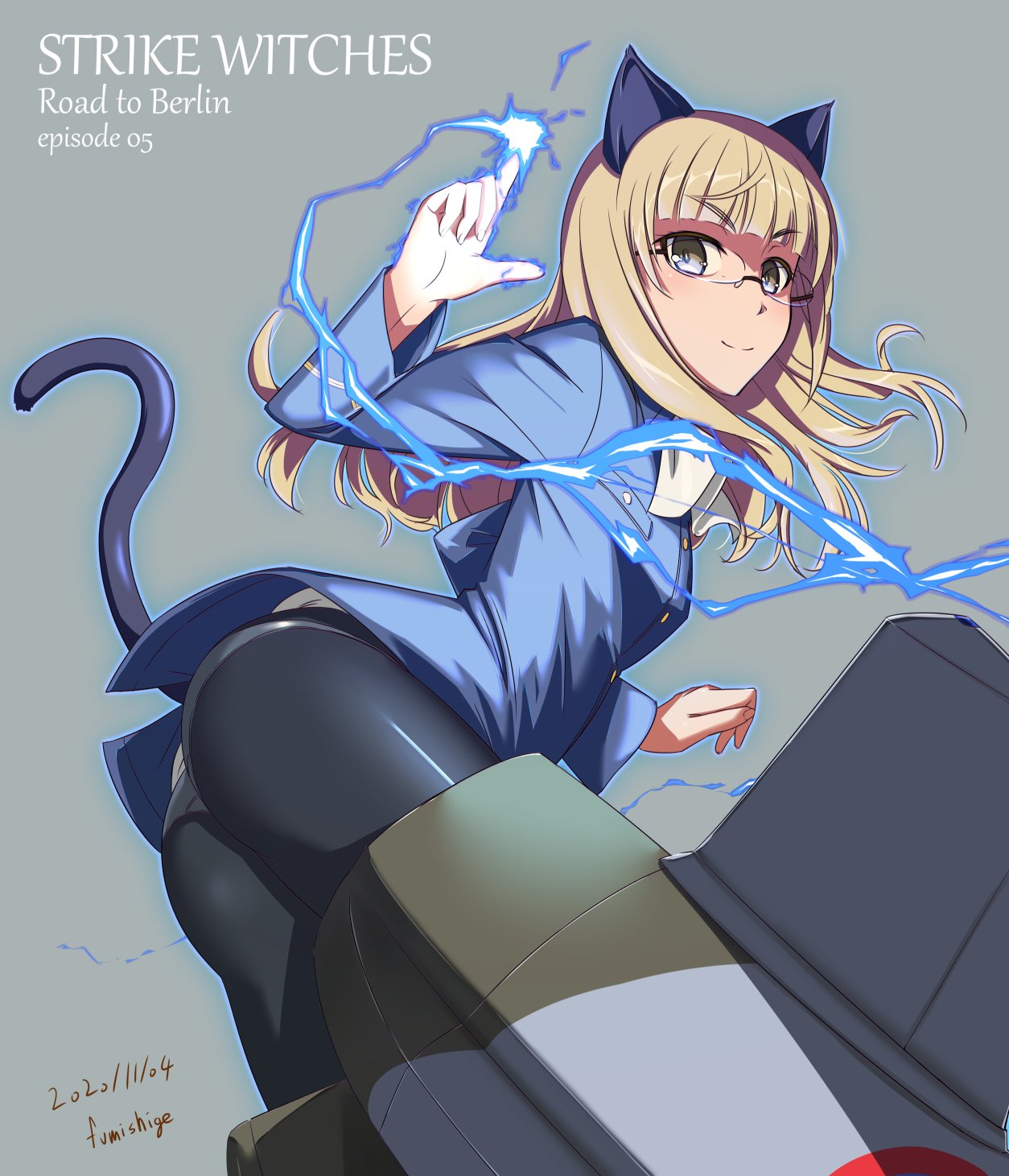 1girl 2020 animal_ears artist_name ass_visible_through_thighs blonde_hair blush cat_ears cat_tail copyright_name dated dutch_angle from_behind from_below fumishige grey_background highres lightning long_hair looking_at_viewer pantyhose perrine_h_clostermann semi-rimless_eyewear smile solo strike_witches striker_unit tail thighs world_witches_series yellow_eyes