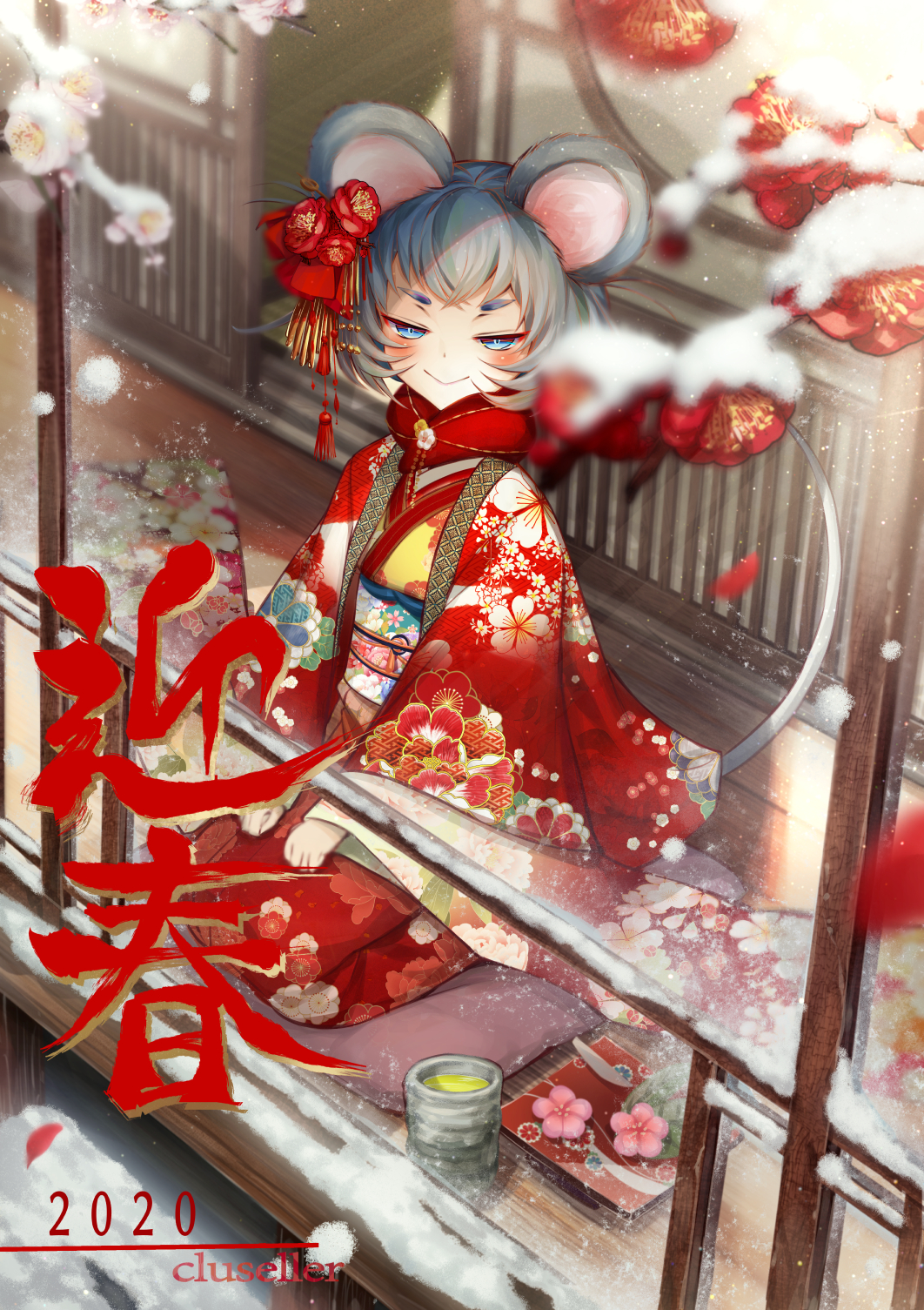 1girl 2020 :&gt; animal_ears artist_name bangs blue_eyes blurry_foreground blush bob_cut closed_mouth cluseller commentary_request cup cushion day drink flat_chest floral_print flower full_body green_tea grey_hair hair_flower hair_ornament half-closed_eyes haori happy highres japanese_clothes kimono kneeling long_sleeves looking_at_viewer mouse_ears mouse_girl mouse_tail obi original outdoors pink_flower red_flower red_kimono sash seiza short_hair sitting smile smug snow snowing solo tail tea translation_request watermark white_flower wide_sleeves yunomi