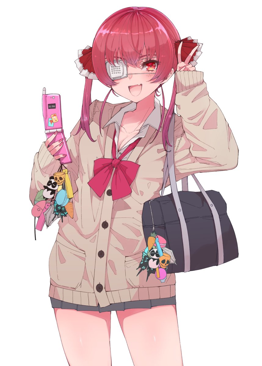 1girl 510ksk bag cellphone eyepatch fang flip_phone highres holding holding_phone hololive houshou_marine keychain one_eye_covered open_mouth phone red_eyes redhead school_bag school_uniform solo v virtual_youtuber white_background