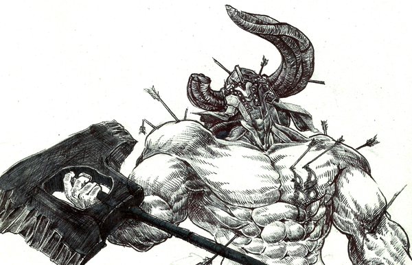 1boy abs armor arrow_(projectile) axe ballpoint_pen_(medium) bleeding blood broken_arrow broken_horn collarbone extra_eyes greyscale hatching_(texture) helmet holding holding_axe holding_weapon horns injury male_focus monochrome monster muscle original shirtless simple_background sister_plz solo traditional_media upper_body weapon white_background