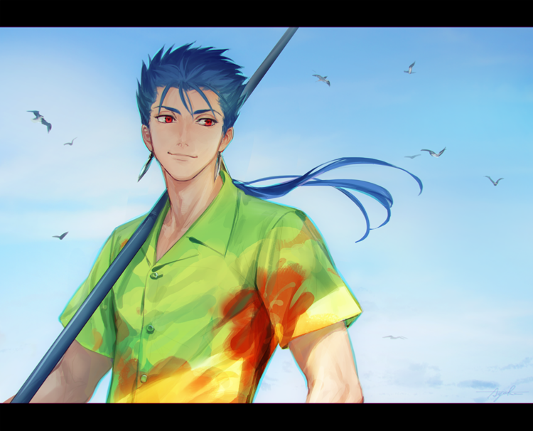 1boy bird blue_hair buttons clouds collared_shirt cu_chulainn_(fate)_(all) day earrings fate/stay_night fate_(series) fishing_rod holding jewelry lancer long_hair looking_to_the_side male_focus outdoors ponytail red_eyes seagull shirt sky smile solo spiky_hair suda_ayaka type-moon