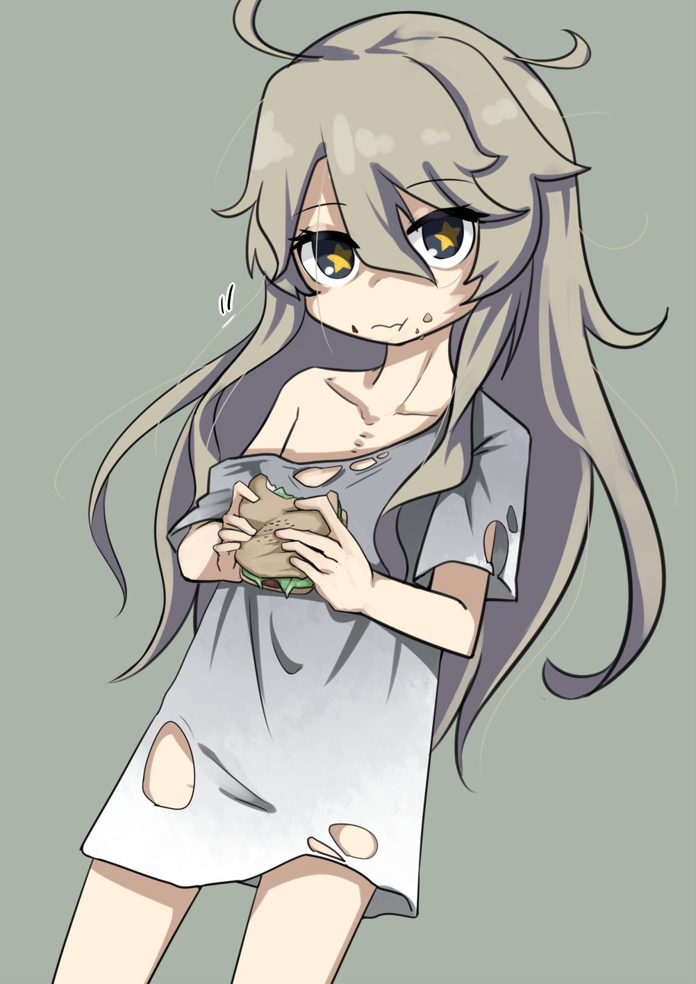 1girl :t ahoge bangs blue_eyes eating eyebrows_visible_through_hair food food_on_face grey_background grey_hair hair_between_eyes hamburger highres holding holding_food iowa_(kantai_collection) kantai_collection long_hair messy_hair naked_shirt nassukun off_shoulder oversized_clothes oversized_shirt shirt simple_background solo star-shaped_pupils star_(symbol) symbol-shaped_pupils torn_clothes torn_shirt yellow_pupils younger