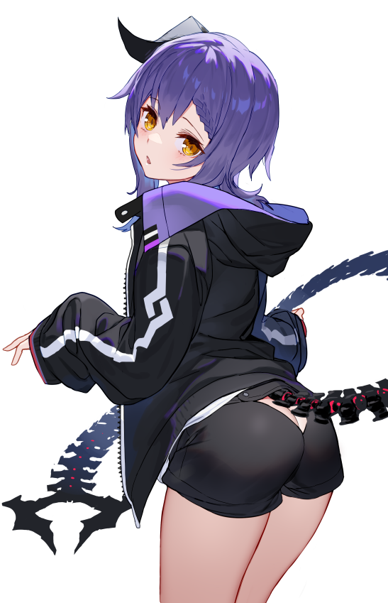 1girl ass bangs black_jacket black_shorts braid braided_bangs brown_eyes butt_crack clothing_cutout commentary_request copyright_request eyebrows_visible_through_hair hair_between_eyes hood hood_down hooded_jacket horns izumi_sai jacket long_sleeves looking_at_viewer looking_back open_clothes open_jacket purple_hair short_shorts shorts simple_background single_horn sleeves_past_wrists solo standing tail tail_cutout white_background