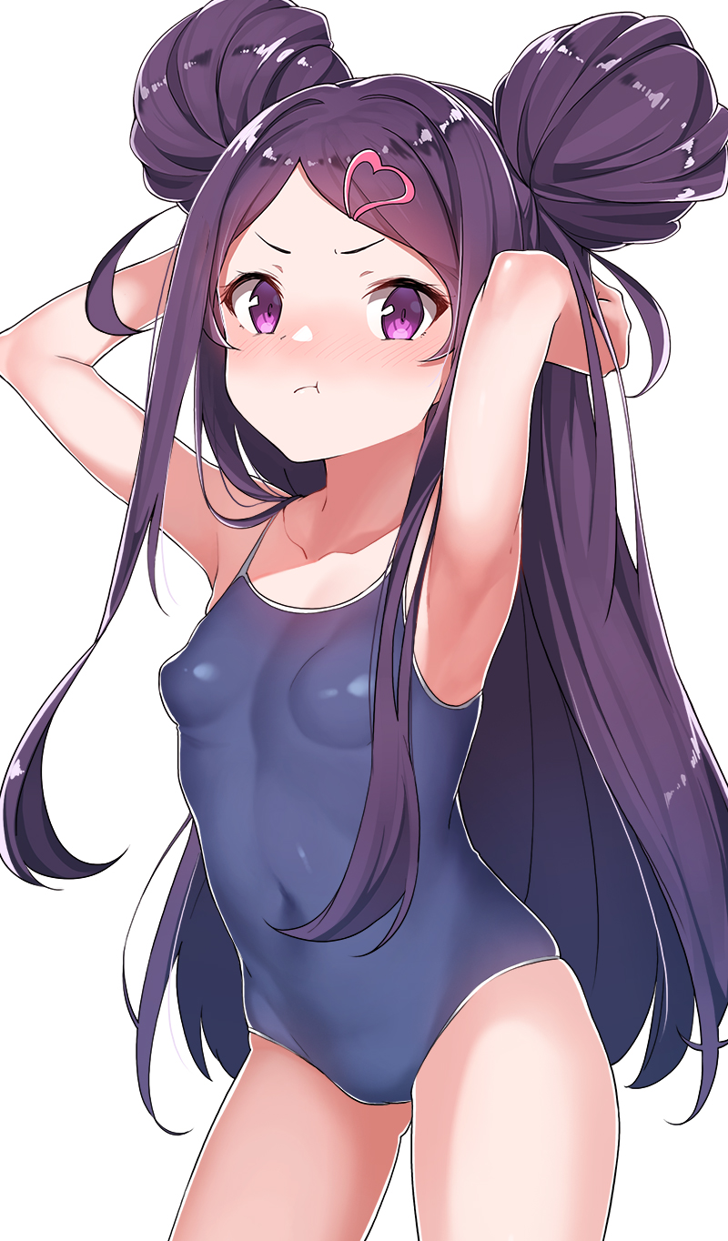 1girl :t arms_up blue_swimsuit blush breasts closed_mouth double_bun hair_ornament heart heart_hair_ornament highres konnyaku_(kk-monmon) long_hair nose_blush ochikobore_fruit_tart one-piece_swimsuit pout purple_hair school_swimsuit sekino_roko sidelocks simple_background small_breasts solo swimsuit violet_eyes white_background