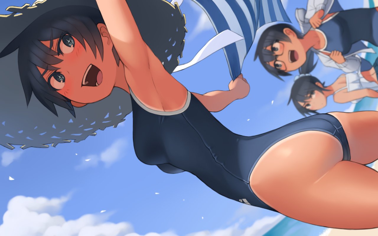 3girls arena_(company) beach black_hair blue_background blue_eyes blue_sky blurry clouds commentary_request competition_school_swimsuit cowboy_shot day depth_of_field dutch_angle full_body glasses hat kantai_collection kuronami_(lvi) looking_at_viewer lvi multiple_girls murasame_(lvi) original outdoors red_background short_hair simple_background sky straw_hat striped_towel suzukaze_(lvi) swimsuit