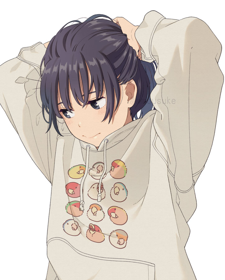 1girl arms_behind_head arms_up bangs black_hair blush closed_mouth drawstring eyebrows_behind_hair grey_eyes grey_hoodie hood hood_down hoodie long_sleeves looking_away looking_to_the_side mattaku_mousuke original simple_background solo twitter_username upper_body white_background