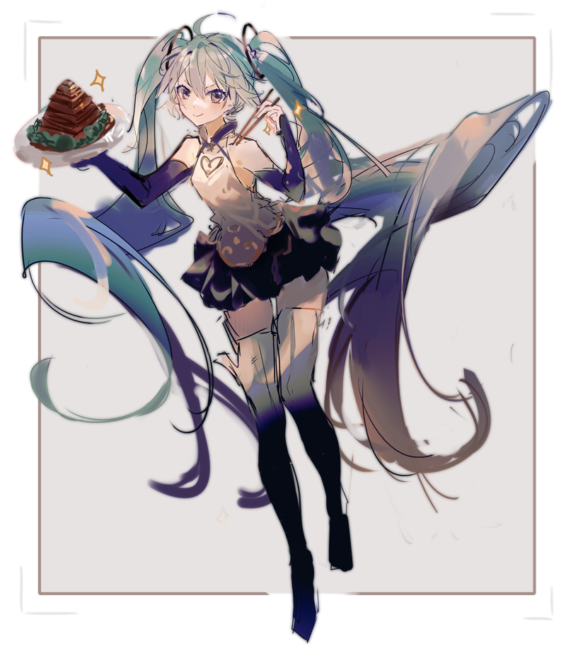 1girl :&gt; absurdly_long_hair aqua_hair bare_shoulders black_legwear black_skirt black_sleeves chinese_commentary chinese_food chopsticks cleavage_cutout clothing_cutout commentary detached_sleeves dish food food_art full_body gold_trim grey_background hair_ornament hands_up hatsune_miku hatsune_miku_(vocaloid4) hatsune_miku_(vocaloid4)_(chinese) heart heart_cutout holding holding_chopsticks holding_plate left-handed long_hair looking_at_viewer mamenomoto miniskirt pagoda plate pleated_skirt pork shirt skirt sleeveless sleeveless_shirt smile solo sparkle thigh-highs twintails v-shaped_eyebrows very_long_hair vocaloid white_shirt zettai_ryouiki