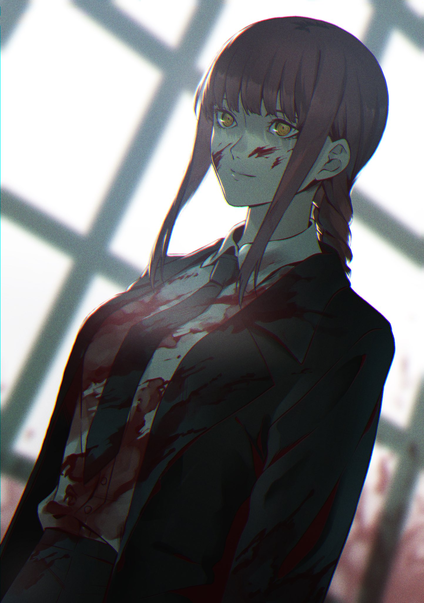 1girl bangs black_jacket black_neckwear black_pants blood blood_on_face blood_stain bloody_clothes braid braided_ponytail brown_hair business_suit chainsaw_man collared_shirt formal highres jacket light_smile long_hair long_jacket makima_(chainsaw_man) necktie office_lady pants ringed_eyes shirt shirt_tucked_in smile solo suit suyama_kara white_shirt yellow_eyes