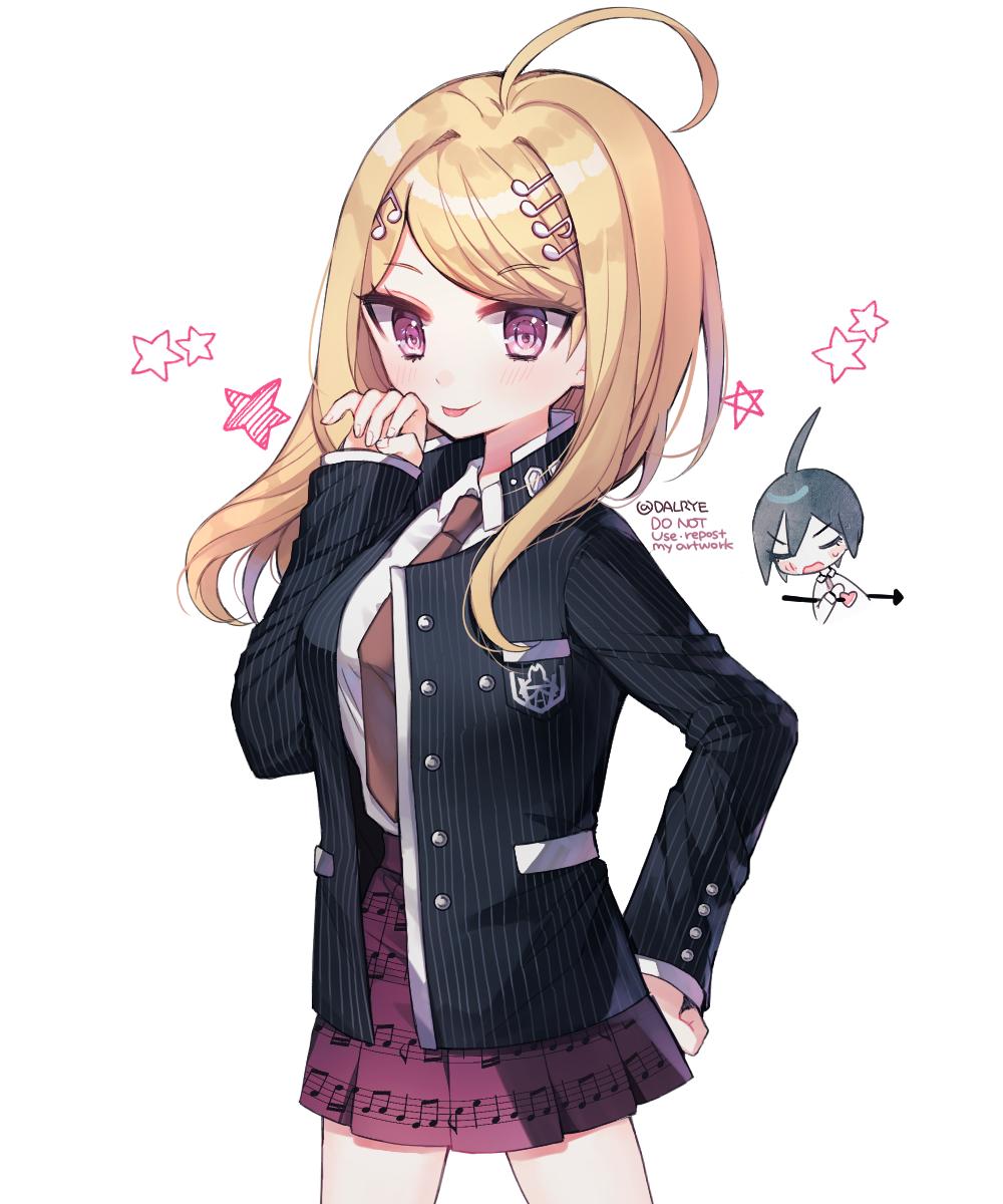 1boy 1girl ahoge akamatsu_kaede arrow_through_heart bangs beamed_eighth_notes black_jacket blonde_hair blush breasts commentary_request cosplay cowboy_shot dalrye_v3 dangan_ronpa eighth_note hair_ornament hand_on_hip hand_up highres jacket long_hair long_sleeves looking_at_viewer musical_note musical_note_hair_ornament necktie new_dangan_ronpa_v3 open_clothes open_jacket paw_pose pleated_skirt repost_notice saihara_shuuichi saihara_shuuichi_(cosplay) school_uniform shirt skirt smile solo_focus star_(symbol) striped_jacket tongue tongue_out twitter_username violet_eyes white_background white_shirt