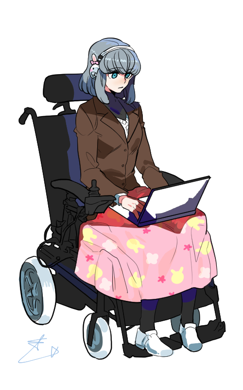 1girl bad_id bad_pixiv_id blue_eyes blue_hair computer dangan_ronpa dangan_ronpa_3 gekkougahara_miaya hairband himduldago laptop solo wheelchair