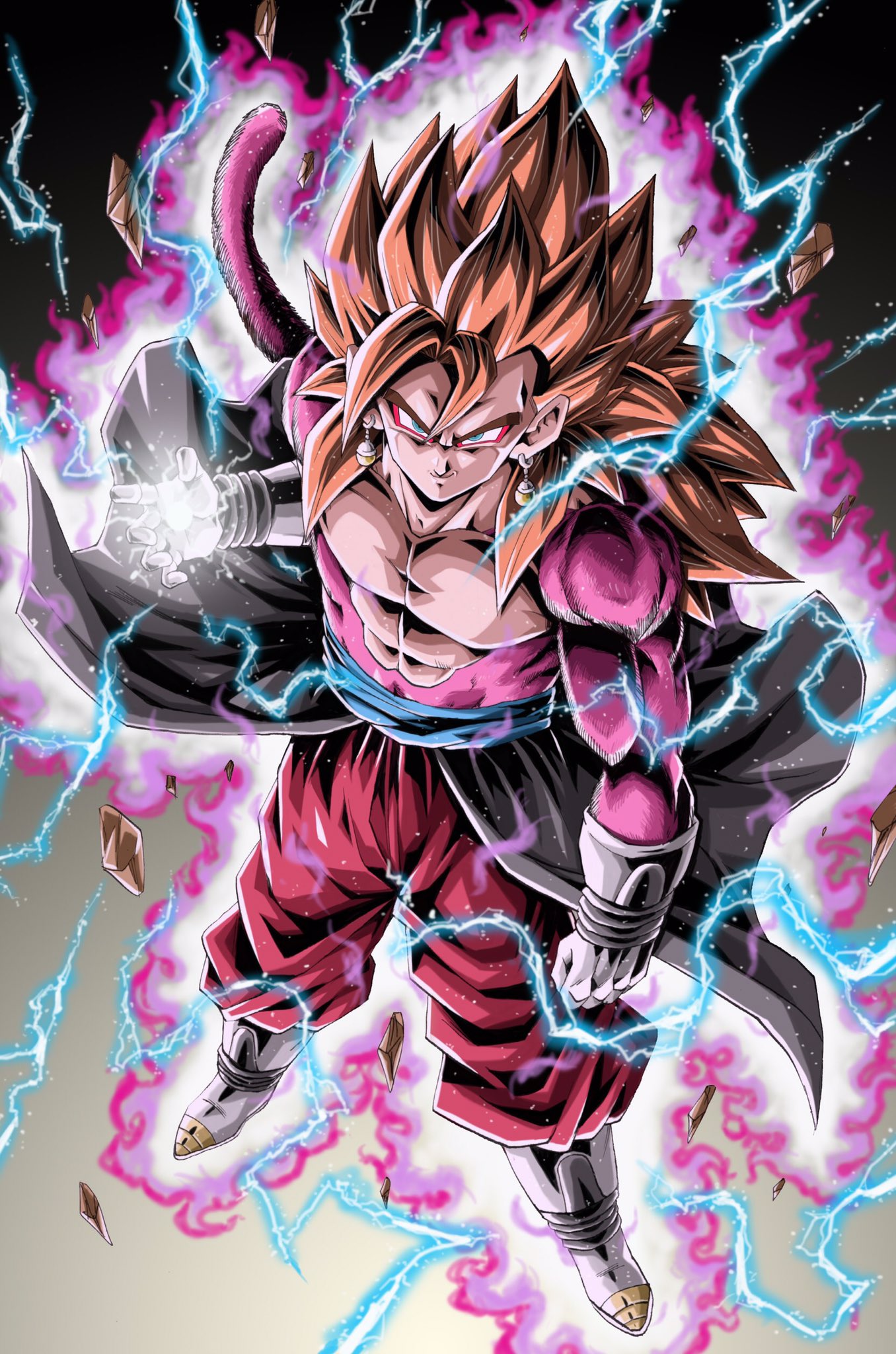 aura closed_mouth dragon_ball dragon_ball_heroes earrings floating_rock gloves highres jewelry long_hair looking_at_viewer looking_up male_focus monkey_boy monkey_tail muscle pants pink_fur red_pants redhead spiky_hair super_saiyan super_saiyan_4 tail vegetto vegetto_(xeno) white_footwear white_gloves youngjijii