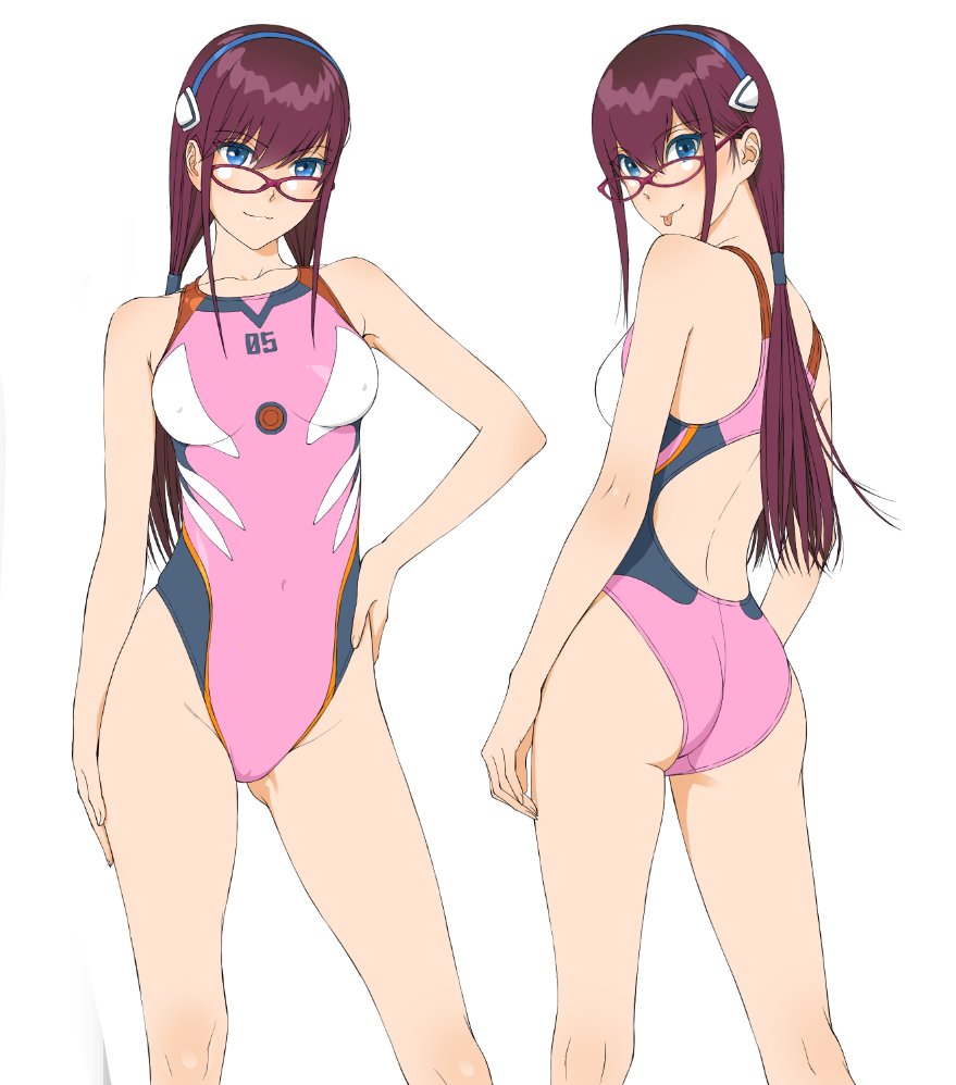 1girl :p ass_visible_through_thighs blue_eyes breasts contrapposto covered_navel covered_nipples groin_tendon hair_between_eyes hand_on_hip interface_headset long_hair looking_at_viewer makinami_mari_illustrious medium_breasts multiple_views neon_genesis_evangelion one-piece_swimsuit purple_hair purple_swimsuit rebuild_of_evangelion smile solo swimsuit tongue tongue_out watanabe_yasuaki white_background