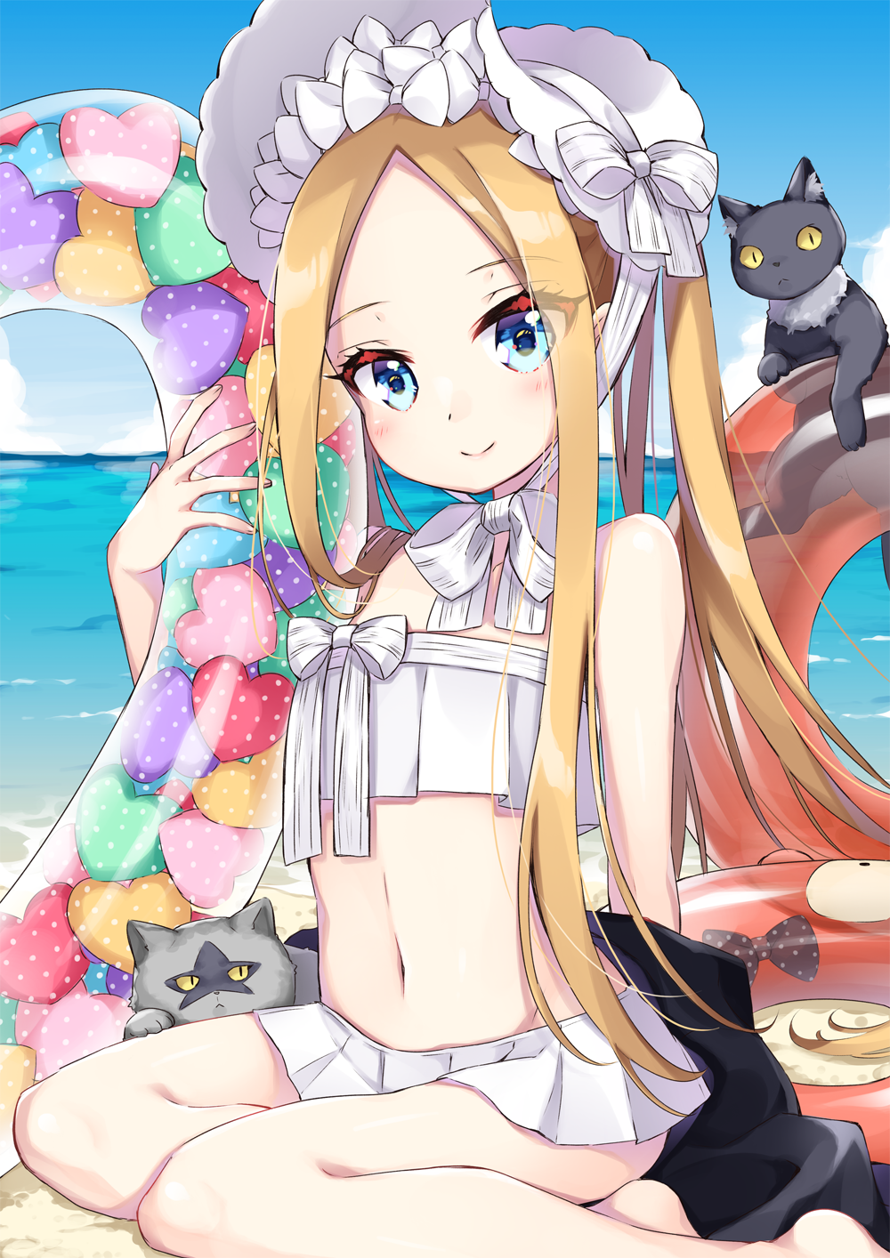 1girl abigail_williams_(fate/grand_order) abigail_williams_(swimsuit_foreigner)_(fate) animal bangs bare_arms bare_legs bare_shoulders barefoot bikini black_cat black_jacket blonde_hair blue_eyes blue_sky blush bonnet bow cat closed_mouth clouds commentary_request day fate/grand_order fate_(series) forehead hair_bow heart highres horizon innertube inumine_aya jacket long_hair looking_at_viewer navel ocean outdoors parted_bangs polka_dot sitting sky smile solo strapless strapless_bikini striped striped_bow swimsuit twintails very_long_hair water white_bikini white_bow white_headwear yokozuwari