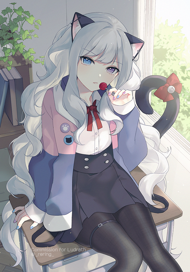 1girl animal_ear_fluff animal_ears arm_support bangs bell black_legwear black_skirt blue_eyes blue_nails bow candy cat_ears cat_girl cat_tail collared_shirt commentary_request commission desk dress_shirt ear_piercing eyebrows_visible_through_hair feet_out_of_frame food grey_hair hand_up heterochromia holding holding_candy holding_food holding_lollipop indoors jacket jingle_bell lollipop long_hair long_sleeves multicolored multicolored_nails nail_polish on_desk open_clothes open_jacket original pantyhose piercing pleated_skirt purple_nails red_bow shirt silltare sitting sitting_on_desk skirt sleeves_past_wrists solo tail tail_bell tail_bow tail_raised twitter_username very_long_hair violet_eyes white_shirt