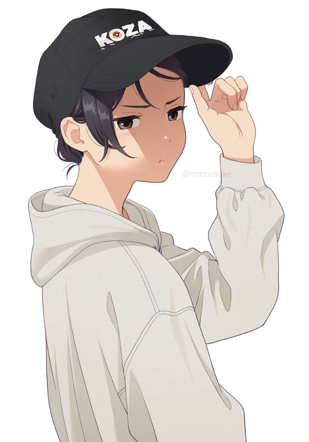 1girl :t arm_up baseball_cap black_hair black_headwear blush brown_eyes closed_mouth from_side grey_hoodie hand_on_headwear hat hood hood_down hoodie long_sleeves looking_at_viewer looking_to_the_side mattaku_mousuke original pout puffy_long_sleeves puffy_sleeves simple_background solo twitter_username white_background