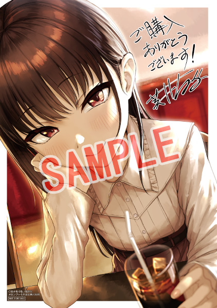 1girl aoi_tiduru belt blurry blurry_background brown_hair cup drinking_glass drinking_straw english_text glasses hand_on_own_cheek hand_on_own_face holding holding_cup ice long_hair long_sleeves looking_at_viewer no_earrings original pleated_shirt red_eyes sitting
