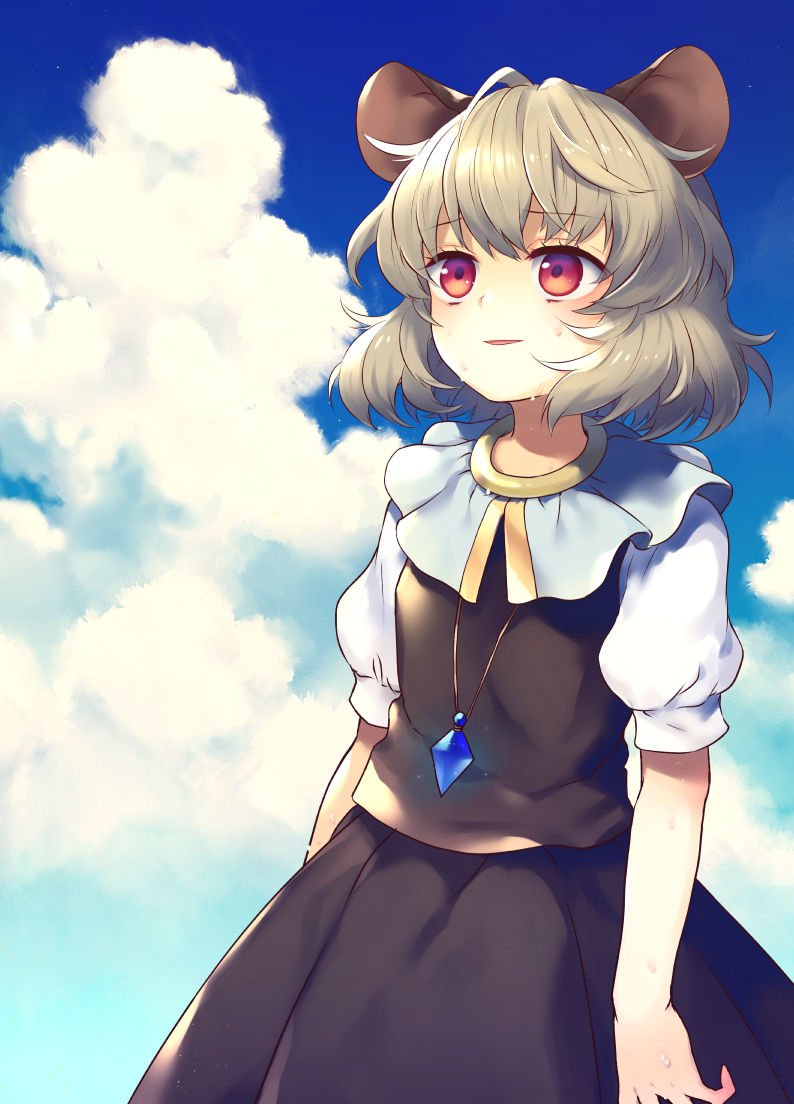 1girl animal_ears arms_at_sides bangs black_skirt black_vest blue_sky blush breasts clouds cloudy_sky commentary_request day eyebrows_visible_through_hair eyelashes grey_hair hot jewelry looking_afar looking_to_the_side mouse_ears mouse_girl mouse_tail nazrin open_mouth outdoors pendant puffy_short_sleeves puffy_sleeves red_eyes shiny shiny_hair short_hair short_sleeves skirt sky small_breasts solo standing sweat sweating_profusely tail tomobe_kinuko touhou vest white_sleeves