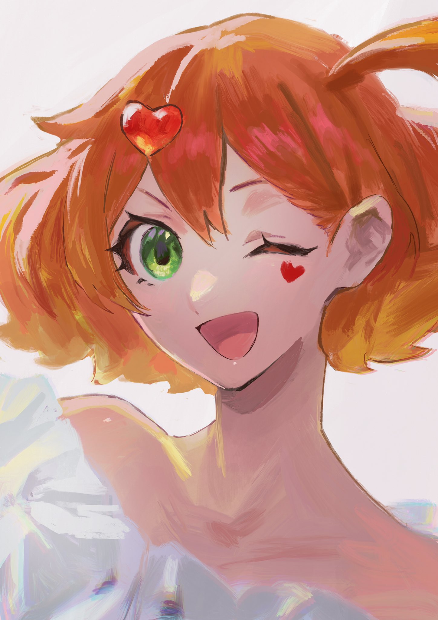 1girl bare_shoulders close-up dress facial_tattoo freyja_wion green_eyes hair_ornament heart heart_hair_ornament heart_tattoo highres macross macross_delta one_eye_closed open_mouth orange_hair pote-mm solo tattoo white_dress