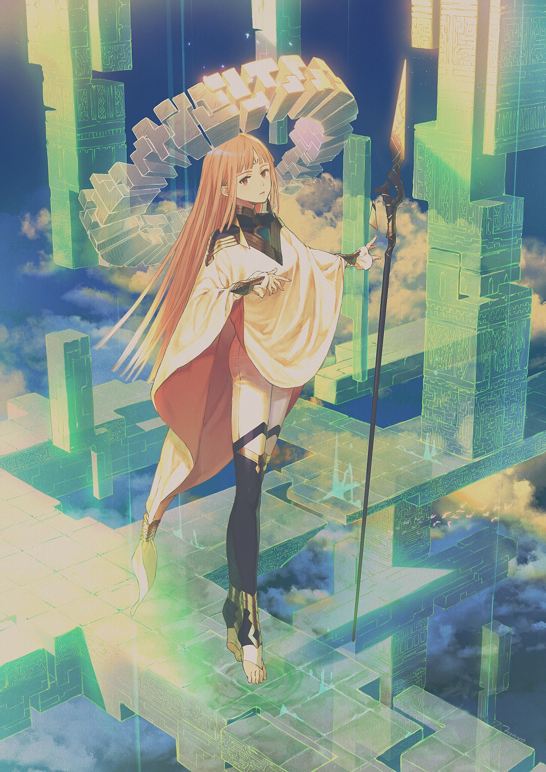 1girl barefoot brown_eyes clouds cloudy_sky collarbone fingernails floating halo hatching_(texture) highres long_hair looking_at_viewer moryo orange_hair original outdoors parted_lips sky sleeves_past_wrists solo staff thigh-highs transparent