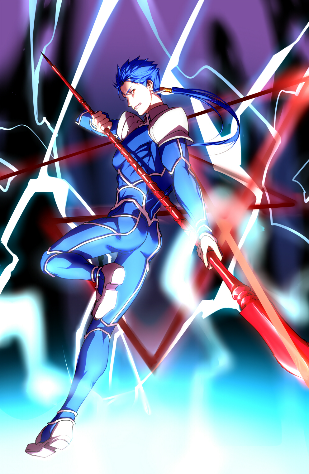 1boy armor ass beads blue_hair bodysuit closed_mouth cu_chulainn_(fate)_(all) earrings eilinna fate/stay_night fate_(series) floating_hair from_behind full_body gae_bolg grin hair_beads hair_ornament highres holding jewelry lancer leg_up long_hair looking_back male_focus muscle pauldrons pectorals polearm ponytail red_eyes shoulder_armor skin_tight smile solo spiky_hair type-moon weapon