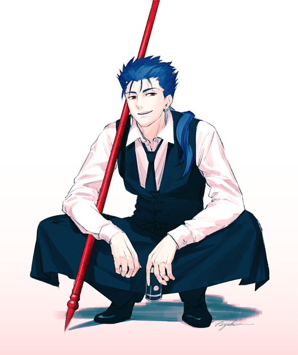 1boy apron blue_hair can collared_shirt cu_chulainn_(fate)_(all) earrings fate/stay_night fate_(series) full_body gae_bolg holding holding_can jewelry lancer long_hair male_focus necktie open_mouth polearm ponytail red_eyes shirt signature smile solo spiky_hair squatting suda_ayaka type-moon vest waiter weapon white_background