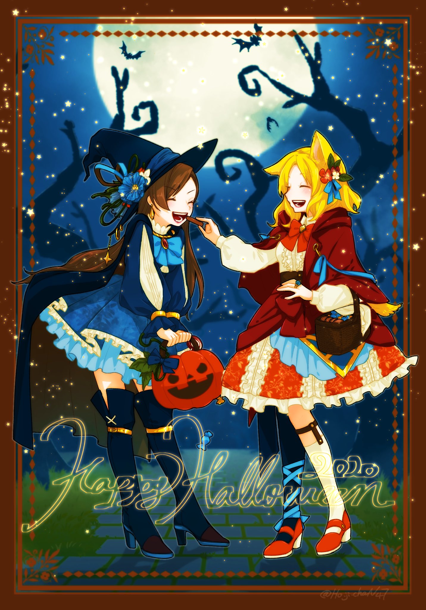 2girls animal_ears asymmetrical_bangs asymmetrical_legwear bangs bare_tree basket bat black_cape black_footwear black_headwear black_legwear black_skirt blonde_hair blue_dress blue_neckwear blue_ribbon boots bow bowtie brick_floor brooch brown_hair cape capelet cat_ears center_frills closed_eyes collared_shirt commentary cursive dress english_text eyebrows_visible_through_hair facing_another feet flower frilled_dress frilled_skirt frills full_moon hair_flower hair_ornament hair_ribbon halloween halloween_bucket halloween_costume happy_halloween hat hat_flower high_collar high_heel_boots high_heels highres ho_ji_chan47 holding holding_basket hood hood_down hooded_capelet jewelry katarina_claes leaning_forward long_hair long_sleeves maria_campbell mary_janes medium_hair mismatched_legwear moon multiple_girls night night_sky otome_game_no_hametsu_flag_shika_nai_akuyaku_reijou_ni_tensei_shite_shimatta outdoors pantyhose red_capelet red_footwear red_neckwear red_skirt ribbon ring shirt shoes short_dress skirt sky socks standing star_(symbol) thigh-highs thigh_boots tree white_legwear white_shirt witch_costume witch_hat