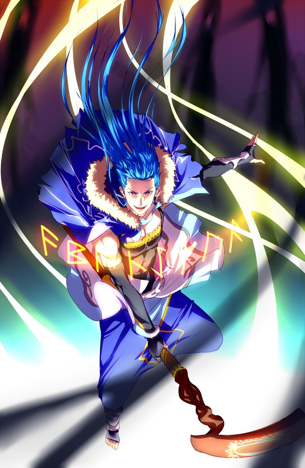 1boy belt blue_hair bracelet cape capelet casting_spell cu_chulainn_(fate)_(all) cu_chulainn_(fate/grand_order) earrings eilinna elbow_gloves fangs fate/grand_order fate_(series) fingerless_gloves floating_hair full_body fur fur-trimmed_hood fur_trim gloves glowing harem_pants highres holding holding_weapon hood hood_down hooded_capelet jewelry long_hair magic male_focus open_mouth open_toe_shoes pants red_eyes ring runes skin_tight smile solo spiky_hair staff tank_top type-moon vambraces weapon wooden_staff
