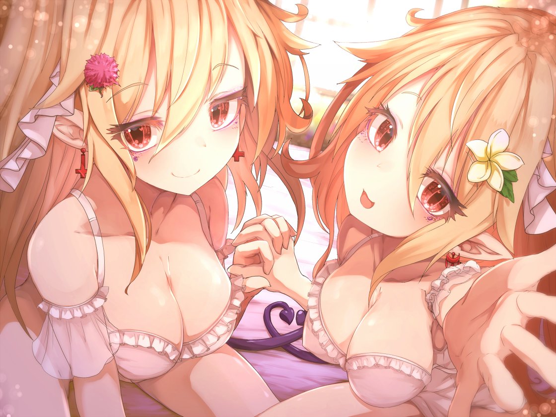 2girls :d bangs bare_shoulders blonde_hair blush breasts collarbone demon_girl demon_tail earrings eyebrows_visible_through_hair facial_mark flower frills hair_between_eyes hair_flower hair_ornament heart_tail_duo holding_hands jewelry long_hair looking_at_viewer medium_breasts multiple_girls on_bed open_mouth original pajamas pointy_ears rai_(sakuranbo_sugar) reaching_out red_eyes ribbon sidelocks smile tail thighs