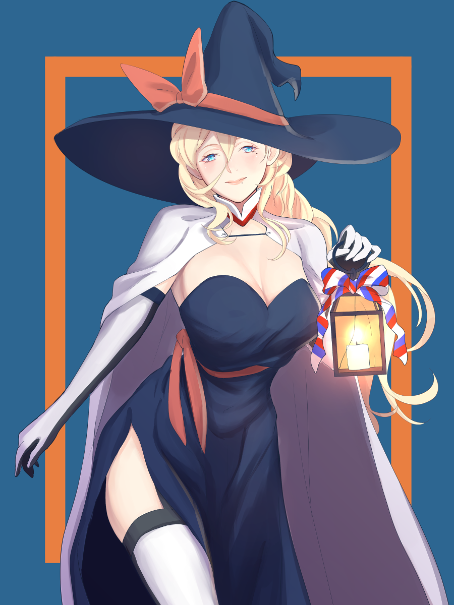 1girl alternate_costume black_dress black_headwear blonde_hair blue_background blue_eyes breasts candle cape cowboy_shot dress elbow_gloves gloves hair_between_eyes hat highres kantai_collection lantern large_breasts long_hair looking_at_viewer mole mole_under_eye mole_under_mouth multicolored multicolored_clothes multicolored_gloves richelieu_(kantai_collection) shingyou_(alexander-13) solo strapless strapless_dress thigh-highs two-tone_gloves two-tone_legwear white_cape witch_hat