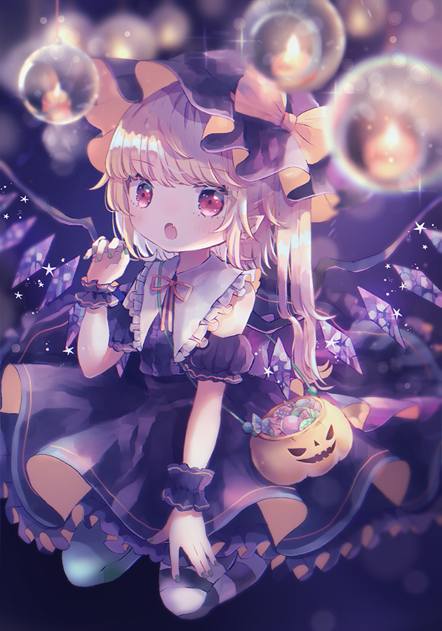1girl :o bangs black_headwear black_shirt black_skirt black_sleeves blonde_hair blurry blurry_background blurry_foreground blush bow candle candy_wrapper center_frills commentary_request crystal depth_of_field detached_sleeves eyebrows_visible_through_hair fang fire flandre_scarlet frilled_shirt_collar frills full_body green_legwear green_nails halloween halloween_bucket hand_up hat hat_bow hiyuu_(hiyualice) mismatched_legwear mob_cap nail_polish neck_ribbon one_side_up open_mouth orange_bow pantyhose pleated_skirt puffy_short_sleeves puffy_sleeves red_eyes red_ribbon ribbon shirt short_sleeves skirt sleeveless sleeveless_shirt solo striped striped_legwear touhou wings wrist_cuffs