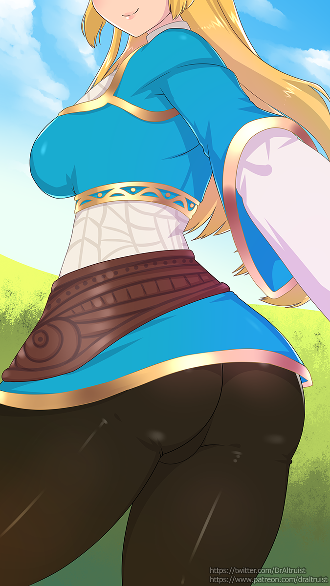 1girl ass blonde_hair breasts clouds cloudy_sky dr_altruist dress grass head_out_of_frame highres large_breasts long_hair looking_back pants princess_zelda self_shot shiny shiny_clothes short_dress sky smile solo the_legend_of_zelda the_legend_of_zelda:_breath_of_the_wild thighs tight tight_pants