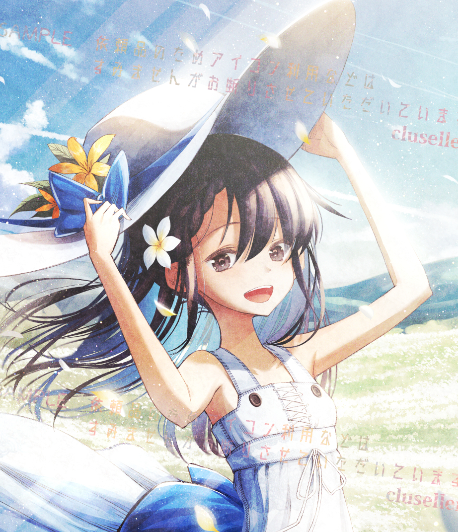 1girl adjusting_clothes adjusting_headwear arms_up artist_name back_bow bangs bare_shoulders blue_bow blue_ribbon blue_sky bow braid brown_eyes brown_hair clouds cluseller commentary_request cropped day dress eyebrows_visible_through_hair field flat_chest flower flower_field grass hair_flower hair_ornament happy hat hat_bow hat_flower hat_ribbon light_particles light_rays long_hair looking_at_viewer open_mouth original outdoors petals ribbon sample shiny shiny_hair sky sleeveless sleeveless_dress smile solo sun_hat sunlight teeth tied_hair translation_request watermark white_dress white_flower white_headwear wind yellow_flower