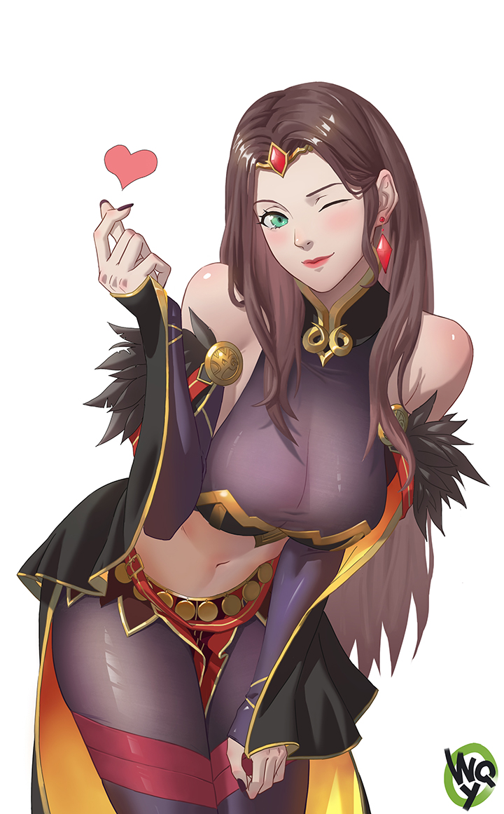 1girl alternate_costume aqua_eyes artist_logo bangs black_legwear black_nails blush bodystocking breasts brown_hair circlet closed_mouth commentary cowboy_shot detached_sleeves dorothea_arnault earrings english_commentary feather_trim fire_emblem fire_emblem:_three_houses fire_emblem_heroes gold_trim heart jewelry leaning_forward lips lipstick long_hair looking_at_viewer makeup medium_breasts nail_polish navel one_eye_closed pantyhose parted_bangs red_lips simple_background smile solo stomach w.q.y white_background