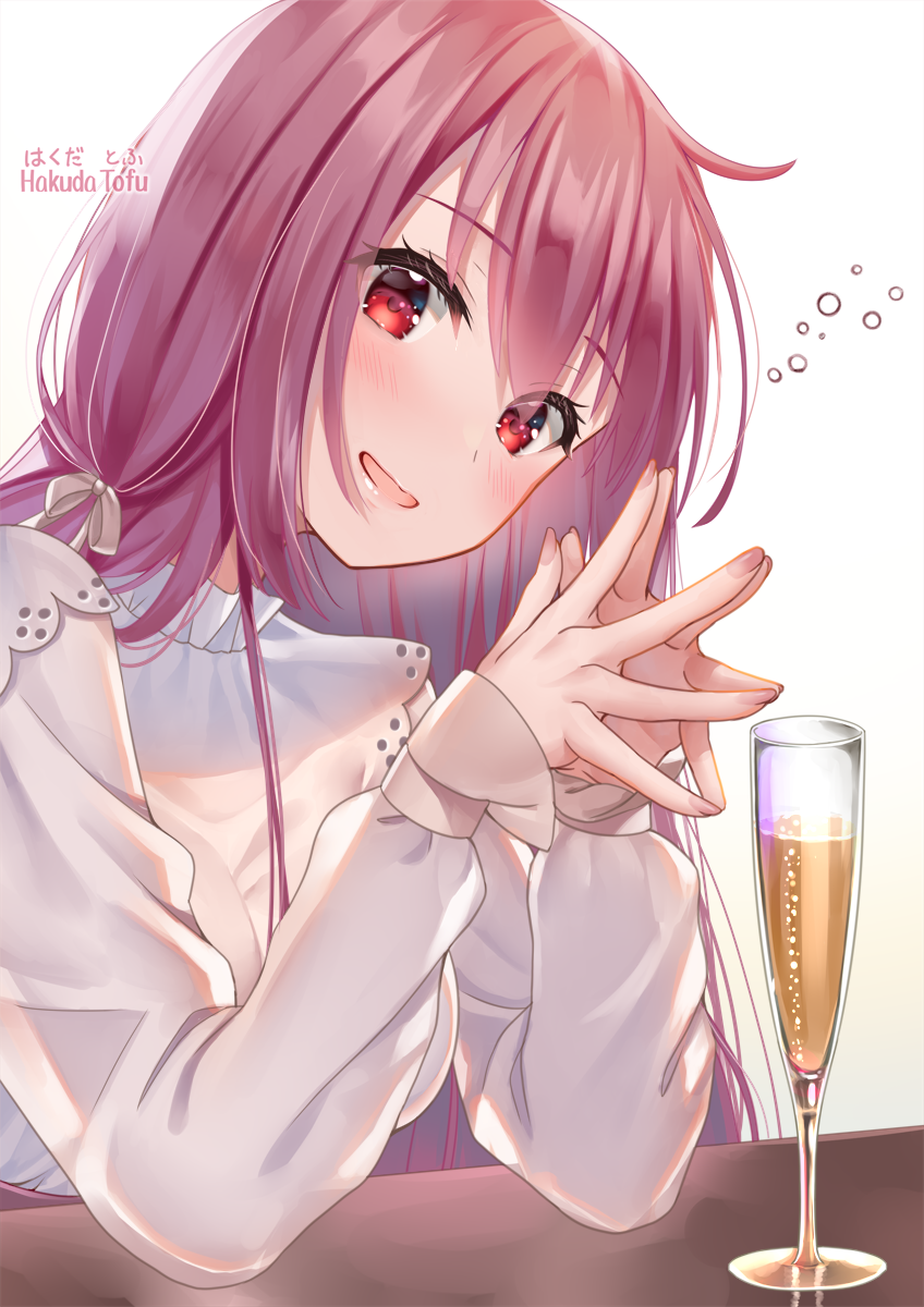 1girl alcohol artist_name bangs blush breasts cup drinking_glass fate/grand_order fate_(series) hakuda_tofu highres large_breasts long_hair long_sleeves looking_at_viewer open_mouth purple_hair red_eyes scathach_(fate)_(all) scathach_(fate/grand_order) smile