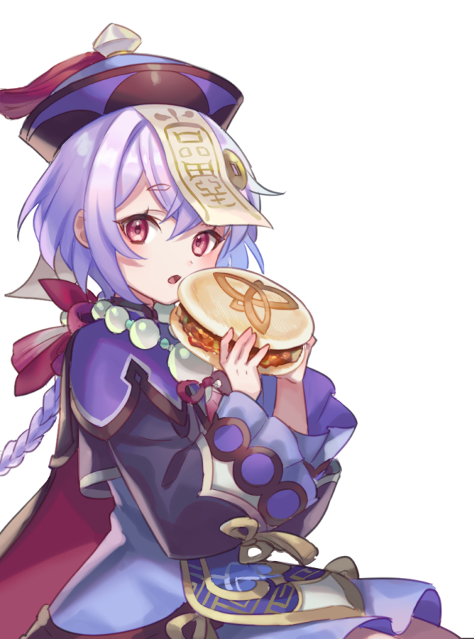 1girl bead_necklace beads braid braided_ponytail commentary_request eyebrows_visible_through_hair food genshin_impact hair_between_eyes hat holding holding_food jewelry long_sleeves looking_at_viewer necklace ofuda open_mouth purple_hair qiqi simple_background solo tongue white_background zoff_(daria)