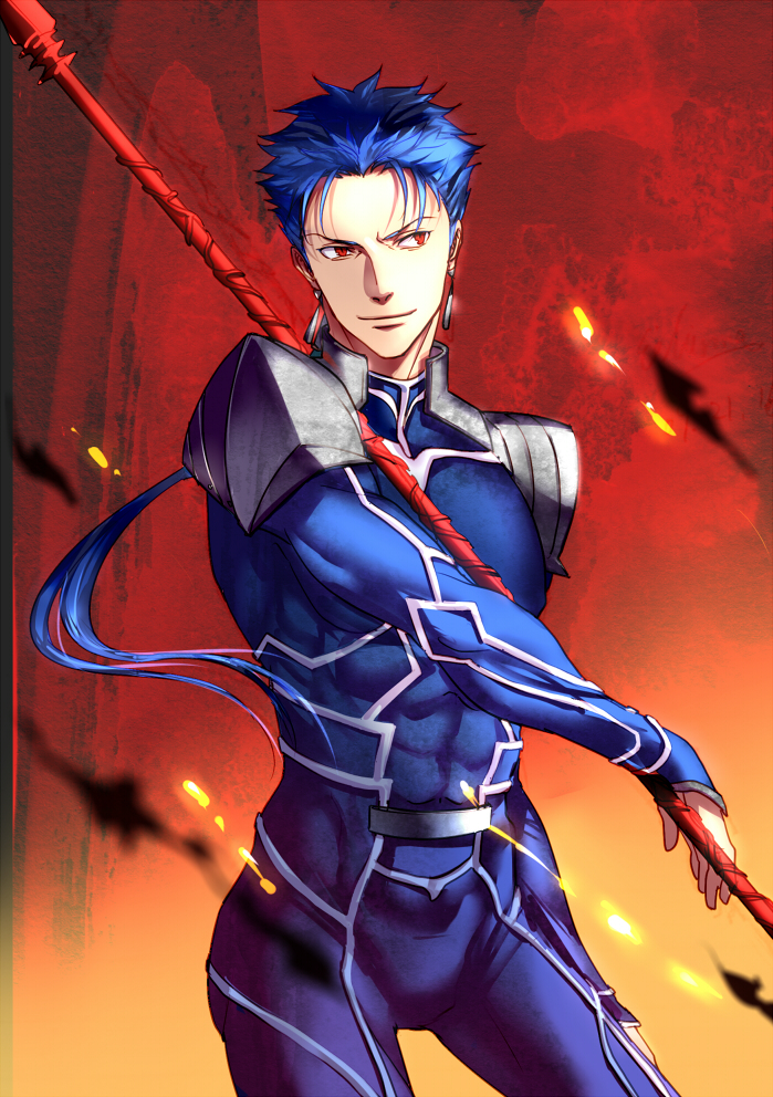 1boy abs armor blue_hair bodysuit cowboy_shot cu_chulainn_(fate)_(all) earrings eilinna embers fate/stay_night fate_(series) gae_bolg jewelry lancer long_hair looking_to_the_side male_focus muscle pauldrons polearm ponytail red_eyes shoulder_armor skin_tight slit_pupils smile solo spiky_hair type-moon weapon