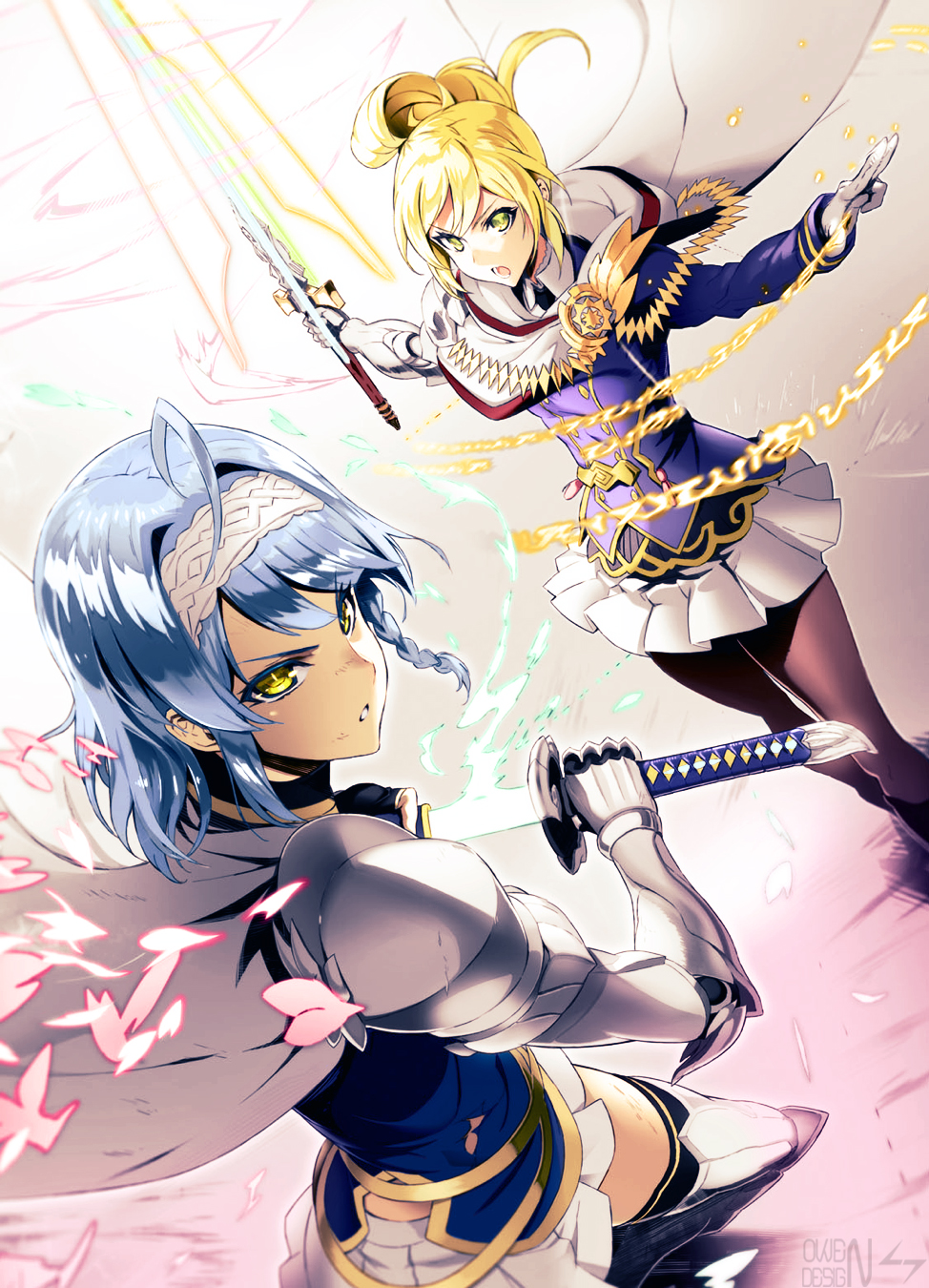 2girls ahoge armor armored_dress black_legwear blonde_hair blue_hair cape celis_reinhartd collaboration colorized drawing_sword gloves headband highres magic multiple_girls nonaka_yuki ookuma_nekosuke owendss98 pantyhose ponytail runes sheath shinmai_maou_no_testament short_hair skirt sword uniform unsheathing weapon yellow_eyes