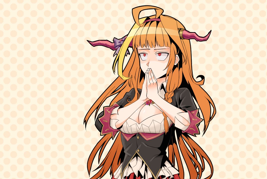 1girl ahoge bangs breasts breath_in_boi_(meme) english_commentary ex-walmart_wagie hands_together hololive horns kiryuu_coco large_breasts long_hair meme orange_hair red_eyes solo very_long_hair virtual_youtuber