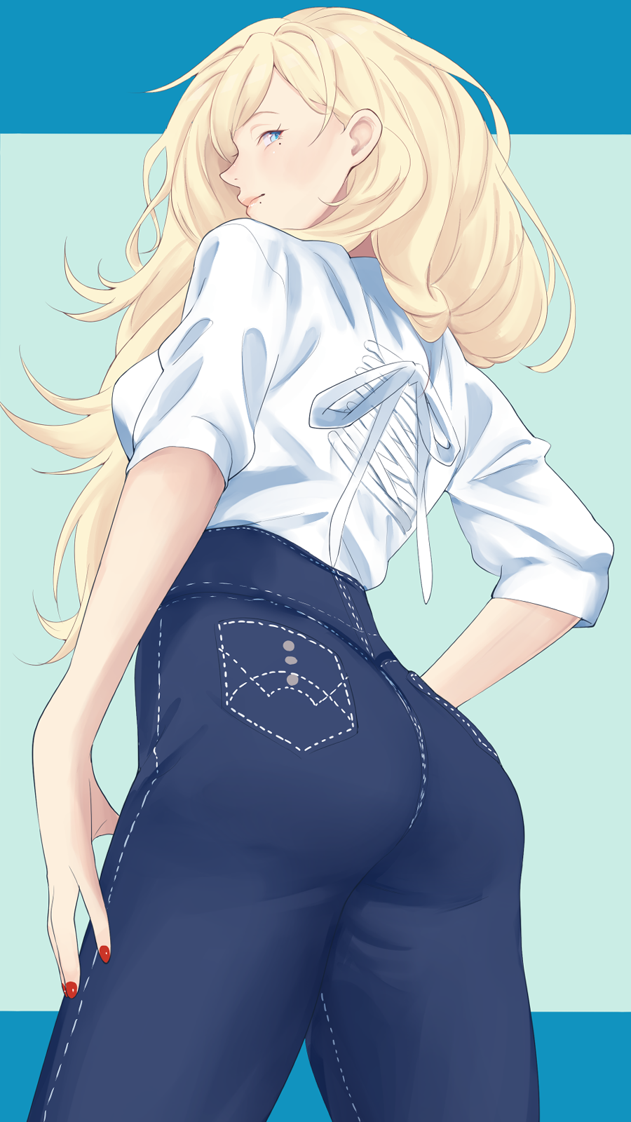 1girl alternate_costume ass bangs blonde_hair blue_eyes blue_pants cowboy_shot denim from_behind from_below highres jeans kantai_collection long_hair looking_at_viewer looking_back mole mole_under_eye mole_under_mouth nail_polish pants red_nails richelieu_(kantai_collection) shingyou_(alexander-13) shirt short_sleeves smile solo standing white_shirt