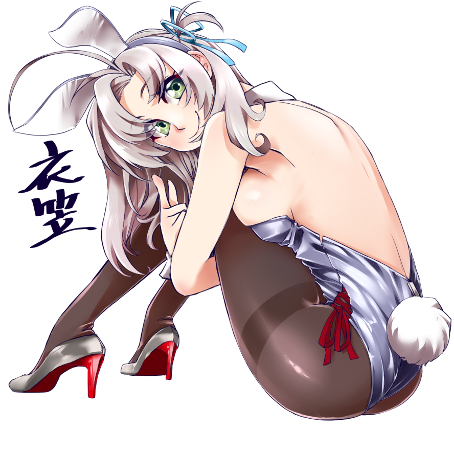 1girl animal_ears ass black_legwear breasts bunny_tail character_name commentary_request detached_collar full_body green_eyes grey_hair hair_tie high_heels kantai_collection kinugasa_(kantai_collection) leotard looking_at_viewer medium_breasts one_side_up pantyhose playboy_bunny rabbit_ears remodel_(kantai_collection) silver_leotard silver_shoes simple_background sitting solo strapless strapless_leotard tail thighband_pantyhose uzuki_kosuke white_background wrist_cuffs